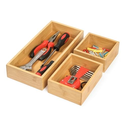 Vincona Bamboo Drawer Organizers Set, 3PCS Multi-Use Wood Storage Organizers, Desk Drawer Tray for Kitchen, Bathroom, Office, Dresser, Bamboo Box Bin for Jewelry, Makeup, Junk, Gadgets - Image 1