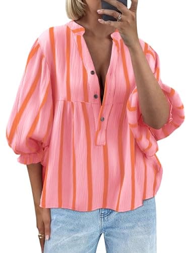Tankaneo Womens Puff Sleeve Babydoll Tops Summer V Neck Striped Blouse Cute Casual Loose Fit Flowy Shirts Pink Red - Image 1