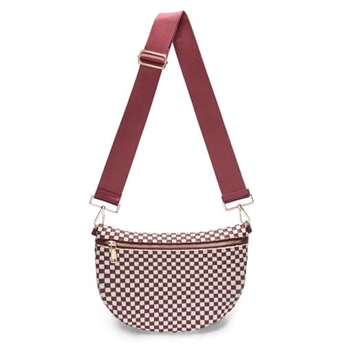 WOOMADA Checkered PU Bum Bag Sling Purse with Adjustable Strap for Travel(Wine White Check) - Image 1