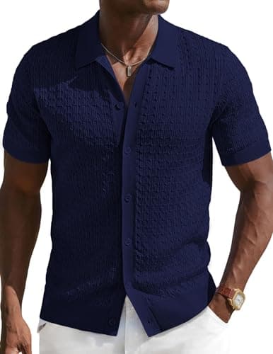 PJ PAUL JONES Men's Polo Shirt Casual Golf Polo Shirts Knit Textured Summer Polo T Shirts Navy Bule Polo Shirts for Men Navy Blue L - Image 1
