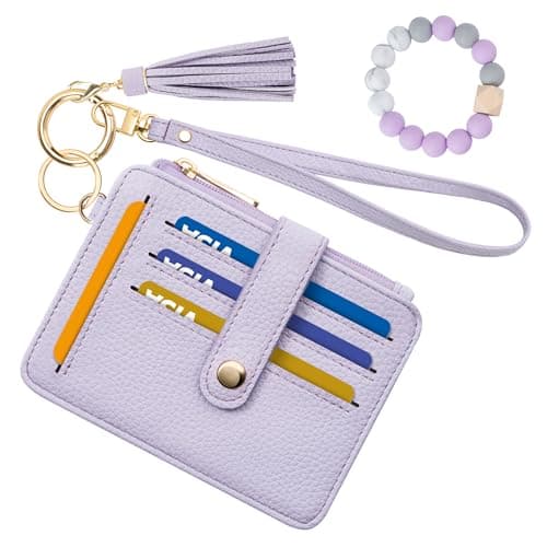 Airkit Wristlet Wallets for Women, Keychain RFID Blocking Credit Card Holder, Small Girly Wallet with Bracelet, Silicone Beaded Tassel Key Ring Card Holder, Purple - Image 1