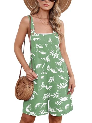 Moodclo Jumpsuits For Women White Flower Green X-Large Summer Short Overalls Casual Sleeveless Adjustable Loose Women's Rompers with Pockets 2026 - Image 1
