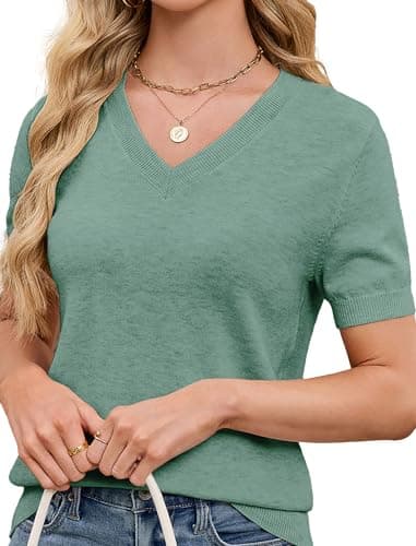 SunnyMelody Womens Wool Sweater V Neck Short Sleeve Lightweight Knit Work Top Fall Spring Summer 2026 Business Casual Outfit Dressy Blouse Shirt Trendy Fashion Clothes Office Teacher Tops Green XL - Image 1