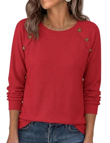 PRETTYGARDEN Long Sleeve Shirts for Women Waffle Knit Tops Fall Fashion 2026 Dressy Casual Loose Tunic Blouse Winter Clothing (Red,X-Large) - Image 1
