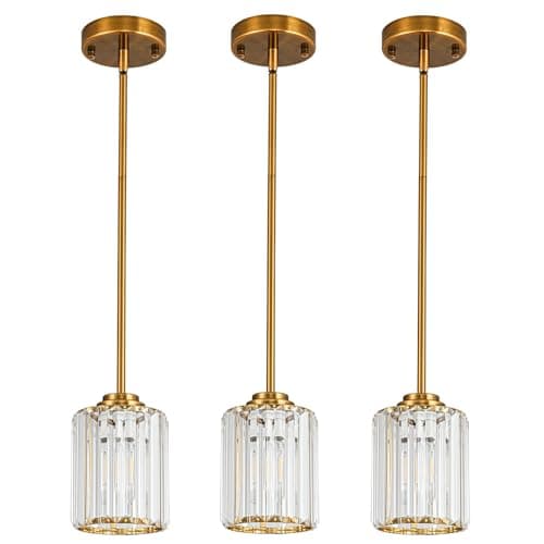 3 Pack Brushed Antique Brass Pendant Lights Kitchen Island, Adjustable Height Unique Thickened Crystal Mini Chandelier Ceiling Hanging Pendant Light Fixtures for Kitchen Hallway Dining Room Bedroom - Image 1