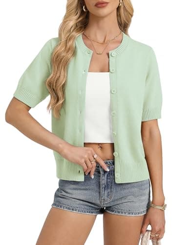 GRACE KARIN Women's Green Short Sleeve Cardigan Summer Lightweight Cardigans Basic Button Down Ribbed Sweater(Green,xx-Large) - Image 1