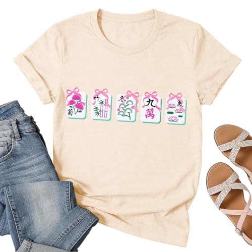 Mahjong Shirts for Women-Cute Mahjong Tshirts for Family Pink Bow Tee Ladies Mah-Jong Club Top - Image 1