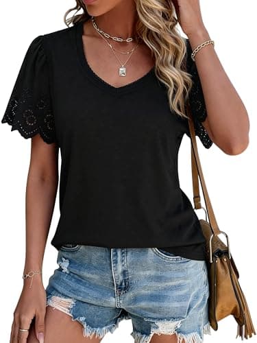 Chulianyouhuo Women's V Neck Tops Short Sleeve Jacquard Blouse Casual T Shirt Fashion Spring Summer Clothing(Black XL) - Image 1