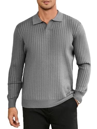 Hardaddy Men's Ribbed Knit Sweater Casual Long Sleeve Polo Sweater Collared V Neck Polo Shirts Solid Pullover Tops Gray S - Image 1