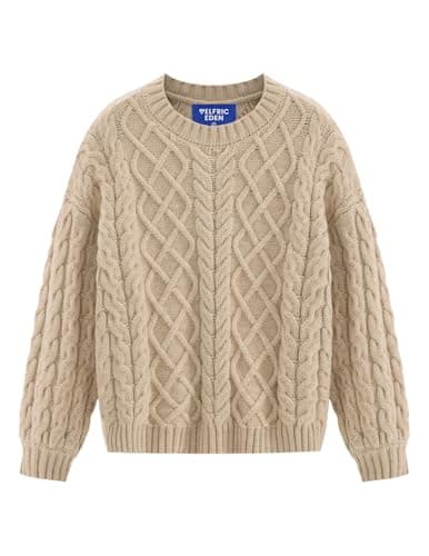 Aelfric Eden Women's Oversized Cable Knit Sweaters Crewneck Long Sleeve Chunky Pullover Sweaters 2025 Fall Outfits Apricot Small - Image 1