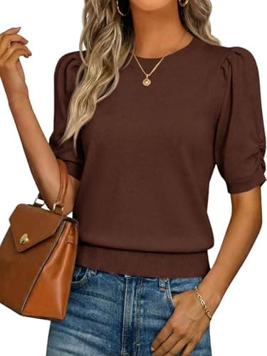 Saodimallsu Womens Puff Sleeve Sweater Tops Ruffle Crew Neck Dressy Casual Loose Knit Pullover Shirts Blouses Coffee - Image 1