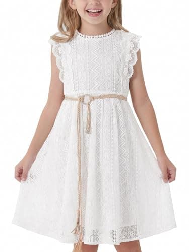 ALLOVIN Toddler and Girls Vintage Boho A-Line Lace Dress with Belt Pom Pom Trim Birthday Party Dress | White | 6-7Y - Image 1