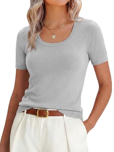 ANRABESS Womens Short Sleeve Sweaters Wool Blend Summer Scoop Neck Casual Business Knit Shirts Slim Fit Work Tops Outfits Light Grey X-Large - Image 1