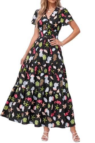 PRETTYGARDEN Women Summer Maxi Dresses 2026 Short Sleeve V Neck Button Floral Tiered Flowy Boho Sundress Beach Outfits(Floral Black Multicolored,Small) - Image 1
