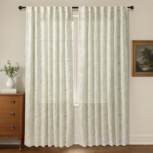 Uqocnh Linen Floral Curtains 90 Inches Long 2 Panels, Flower Light Filtering Sage Green Printed Curtains for Living Room Bedroom, Semi Sheer Curtain Set Print Floral Drapes, 2 Panels - Image 1