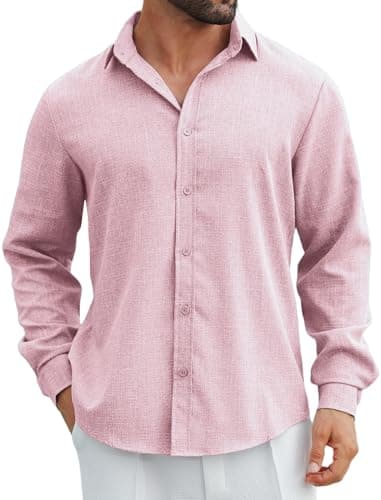 MAPICK Mens Untucked Linen Shirts Long Sleeve Button Down Wrinkle Free Business Casual Shirts(Pink,Medium) - Image 1