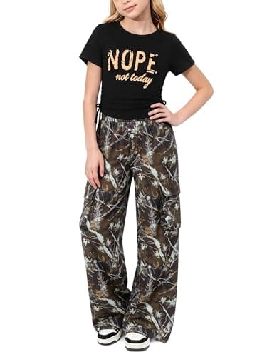 AMAWMW Girls Clothes Summer Outfits Short Sleeve Letter Print Ruched Tops and Cargo Pants Set Teen Clothing Atrous 15-16Y - Image 1