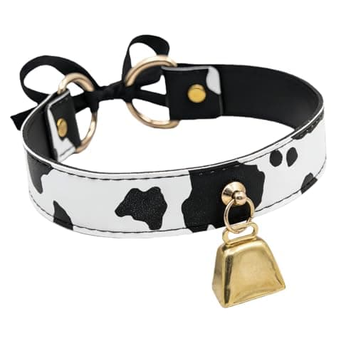 TIVMIK Cute Cow Print PU Leather Choker Necklace for Women with Flat Ribbon Tie and Large Bell – Adjustable, Feminine Jewelry Collar for Daily Wear, Parties & Gifts - Image 1