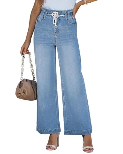 LookbookStore Womens Wide Leg Jeans High Waisted Trendy Elastic Wasit Drawstring Stretch Denim Pants Baggy Trouser Jeans Azure Mood Size X-Small Size 0 2 - Image 1