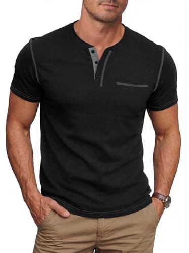 NITAGUT Mens Henley Shirts Short Sleeve Cotton Casual T-Shirts for Men Comfort Button Summer Tee with Pocket, Black, X-Large - Image 1