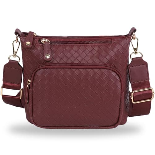 U+U Woven PU Leather Crossbody Bags for Women, Multi Compartment Shoulder Handbag with Adjustable Wide Strap and Removable Zipper Pouch (Burgundy Red) - Image 1