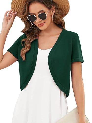 Heymoments Women's Short Sleeve Shrugs Dark Green 2X-Large Lightweight V-Neck Open Front Cropped Cardigan Knitted Bolero Sweaters Elegant Dresses Cover Up - Image 1
