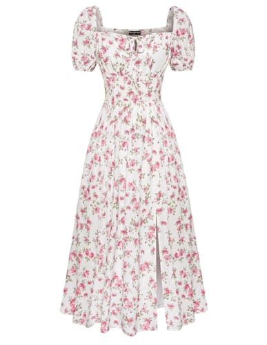 Scarlet Darkness Floral Corset Dress for Women 2025 Summer Flowy Square Neck Milkmaid Dress White Pink Floral L - Image 1
