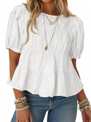 Tankaneo Womens Puff Sleeve Peplum Babydoll Tops Summer Smoked Pleated Cotton T-Shirts Casual Loose Fit Flowy Blouse White - Image 1