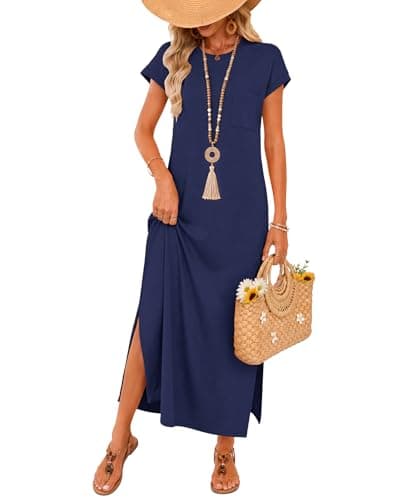 AUSELILY Women Summer Maxi Dress Short Sleeve Loose Split Wrinkle-Free Beach Travel Sundress with Pockets 2026 Navy Blue XL - Image 1