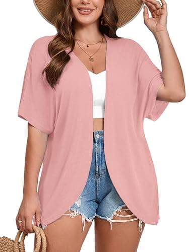 AusLook Women's Plus Size Short Sleeve Lightweight Open Front Cardigan Pink 1X Cover Ups Shrugs Shawls and Wraps Kimono Jacket Coat - Image 1