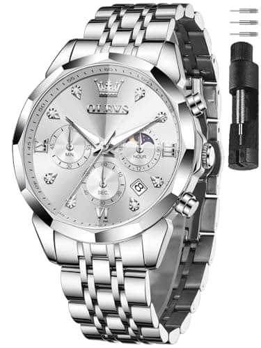 OLEVS Silver Watches for Men Stainless Steel Luxury Mens Silver Watch with Date Large Face Chronograph Dress Waterproof Nice Moon Phase Relojes para Hombres - Image 1