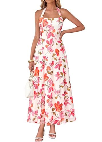 KIRUNDO Women's Summer Sleeveless Halter Floral Maxi Dress 2026 Beach Wedding Guest Cocktail Mesh Flowy A Line Long Sundress(White, Small) - Image 1
