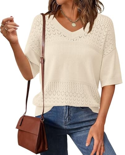 PRETTYGARDEN Women's Short Sleeve Sweater Tops 2026 Spring Summer Casual V Neck Ribbed Knit Trendy Eyelet Blouse T Shirts (Apricot,Small) - Image 1