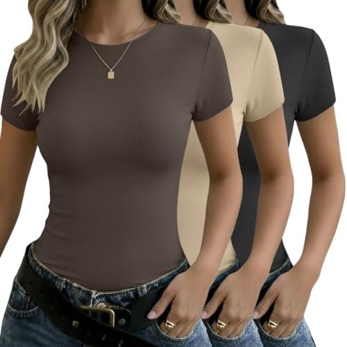 Ekouaer Women Short Sleeve Tops Trendy Summer Shirts Casual Basic Tees Black/Khaki/Brown XXL - Image 1