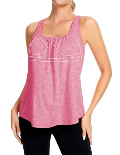SLIMBELLE Mesh Racer Back Tank Tops Womens Gym Yoga Athletic Workout Tops Round Neck Sleeveless Loose Fit Cami with Built in Bra Rose Red 2XL - Image 1