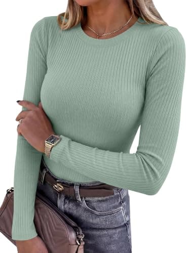 ANRABESS Ribbed Slim Fit Long Sleeve Shirts for Women Gray Green M