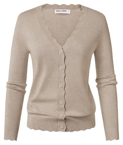 GRACE KARIN Women's Button Up Lightweight Summer Cardigan Sweater, Cropped V Neck Soft Knit Wool Bolero Shrugs for Dress(Khaki M) - Image 1