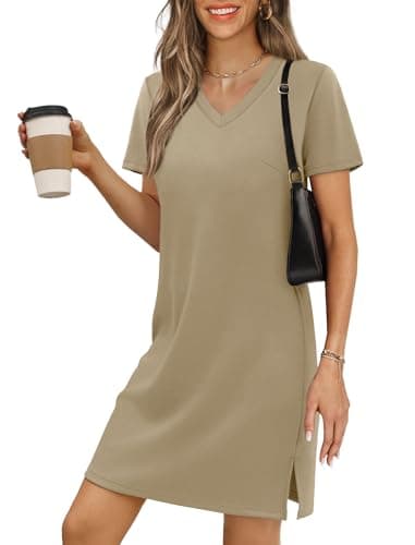 RUMIA Summer Casual Dresses for Women 2026 Mini Vacation Dress V-Neck Short Sleeve Split Hem Beach Sundress Khaki L - Image 1