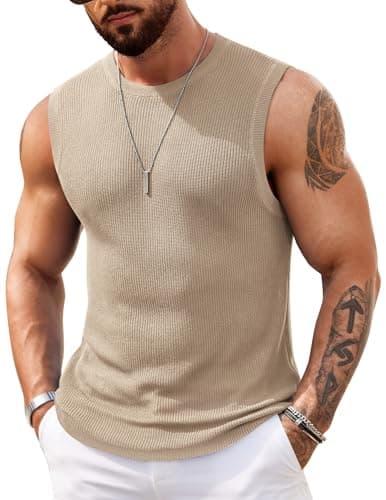 COOFANDY Men's Knitted Tank Tops Lightweight Beach Tank Shirts Muscle Sleeveless Shirts Khaki - Image 1
