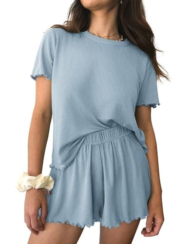 Ekouaer Womens Pajamas 2 Piece Ribbed Knit Pjs Short Sleeve Sleepwear Set Summer Soft Pajamas Set Casual Lounge Sets Blue XL - Image 1