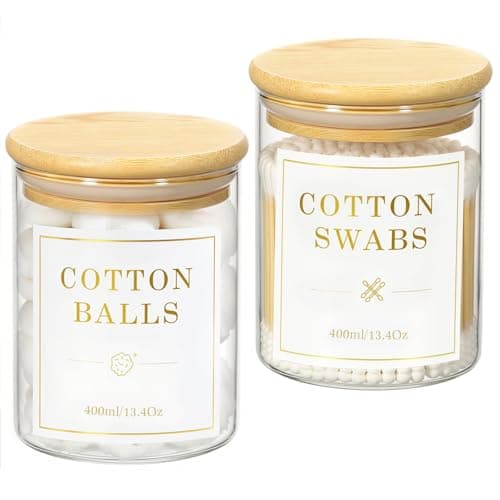 Luxspire 2 Pack Glass Qtip Holder Dispenser, 13.4 oz Cotton Swab Holder with Bamboo Lids, Glass Apothecary Jars Bathroom Accessories Canisters for Cotton Swabs, Balls, Pads, Floss Picks - Image 1