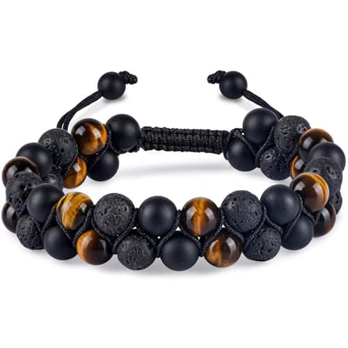 Triple Protection Bracelet, Healing Crystals Tigers Eye Black Obsidian Lava Stone 8mm Beads Bracelet for Men Women, Elastic Adjustable Crystal Jewelry Stone Bracelets Gifts for Men Women, Spiritual Healing( Exquisite Box/ Pouch) - Image 1