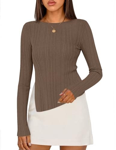 MEROKEETY Women's Fall Long Sleeve Sweater Tops 2025 Boat Neck Ribbed Asymmetric Lightweight Knit Shirts, Coffee, Small - Image 1