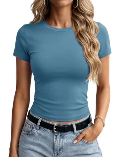 YUCOLEN Double Lined Short Sleeve Shirts for Women Casual Summer Slim Fit Crewneck Y2k Workout Tops Basic Tees Crop Top Haze Blue XXL