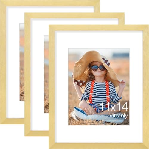 Vittanly 11x14 Picture Frame Set of 3, Display Pictures 8x10 with Mat or 11x14 without Mat for Wall Mounting, Photo Frames for Home Decor, Engineered Wood, Gold