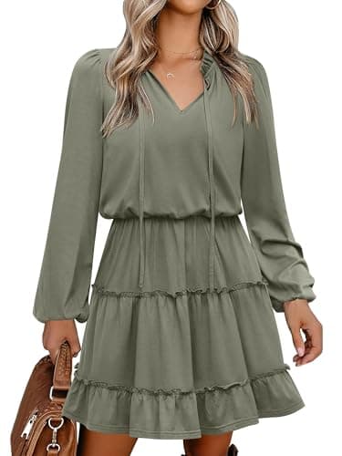 Caracilia Long Sleeve Dress for Women Fall 2026 Casual V Neck High Waist Tiered Ruffle Aline Swing Tunic Short Mini Dresses X-Large Army Green - Image 1