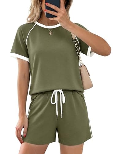 Casly Lamiit Short Sets Women 2 Piece Outfits Summer Casual Lounge Set Short Sleeve Tops Drawstring Beach Vacation Clothes Olive Green M - Image 1