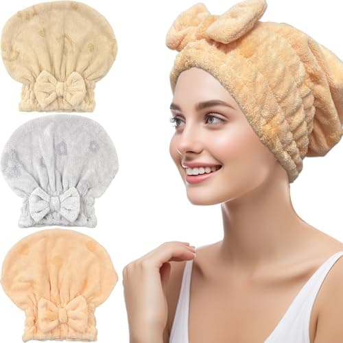 Jseng 3Packs Microfiber Hair Towel for Women - Quick-Drying, Super Absorbent Hair Wrap with Bow Design, Soft Hair Towel Turban for Curly Long Wet Hair - Image 1