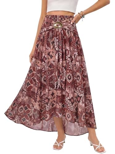 Scarlet Darkness Boho Floral Maxi Skirt Women Summer Western Flowy High Waisted Skirts Reddish Brown XL - Image 1