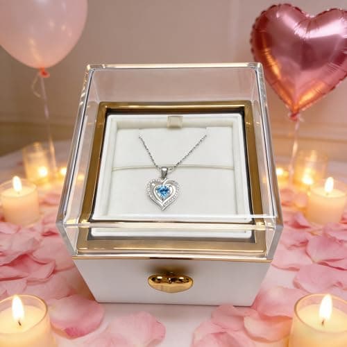 Weijimir S925 Silver Necklace Heart-shaped Pendant with Blue Zirconia, Surprise Flip Little Bear Cake Rotating Jewelry Ring Box for Proposal, Engagement Wedding Birthday (White Ring Box + Necklace) - Image 1